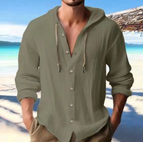 Cotton And Linen Shirt Hooded Sweater Button Long Sleeve (Option: Army green-M)