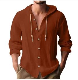 Cotton And Linen Shirt Hooded Sweater Button Long Sleeve (Option: Brick red-M)