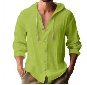 Cotton And Linen Shirt Hooded Sweater Button Long Sleeve (Option: Fruit green-S)