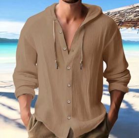 Cotton And Linen Shirt Hooded Sweater Button Long Sleeve (Option: Dark brown-XL)