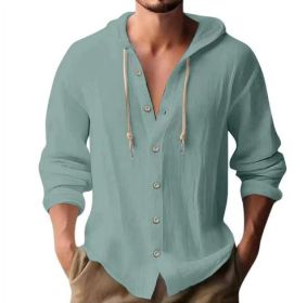 Cotton And Linen Shirt Hooded Sweater Button Long Sleeve (Option: Grey blue-XL)