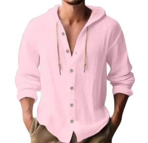 Cotton And Linen Shirt Hooded Sweater Button Long Sleeve (Option: Pink-XXL)