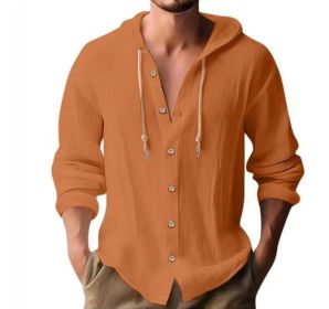 Cotton And Linen Shirt Hooded Sweater Button Long Sleeve (Option: Orange-L)