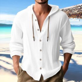 Cotton And Linen Shirt Hooded Sweater Button Long Sleeve (Option: White-L)